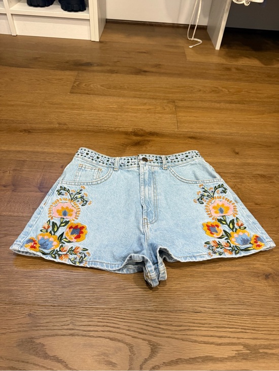 FARM Rio Pants - FARM Rio Light Blue Denim Shorts with Colorful Floral Embroidery